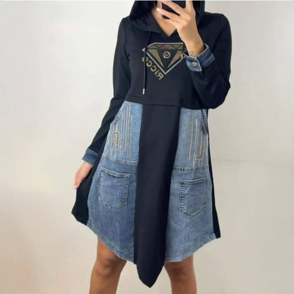 Lilo Ricco Alegro Women's luxury Sweatshirt Dress Hooded Black and Denim Size M